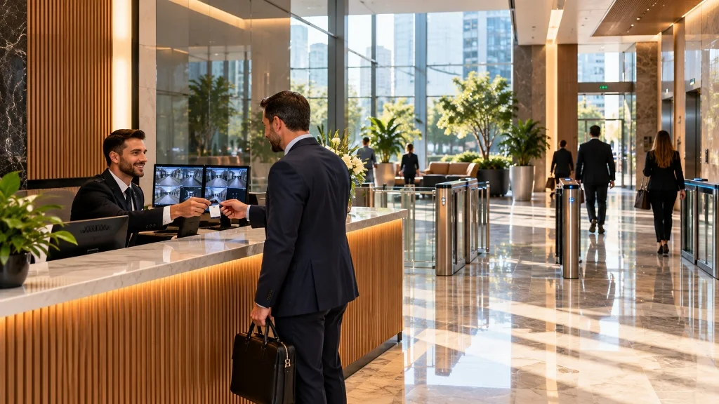 Concierge security officer greeting a visitor at the front desk of an office lobby