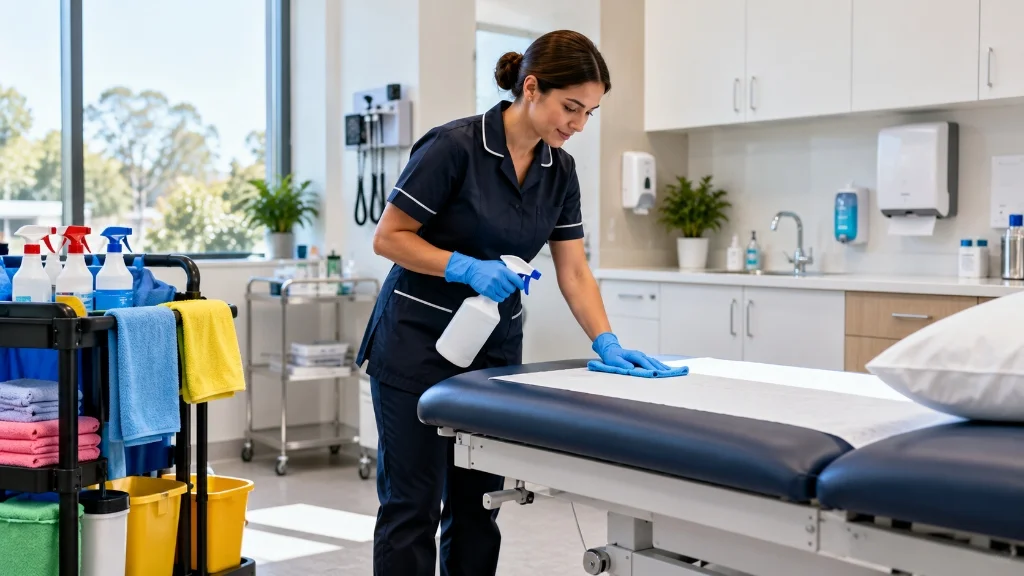 Cleaner disinfecting an examination bed in a Brisbane medical centre treatment room