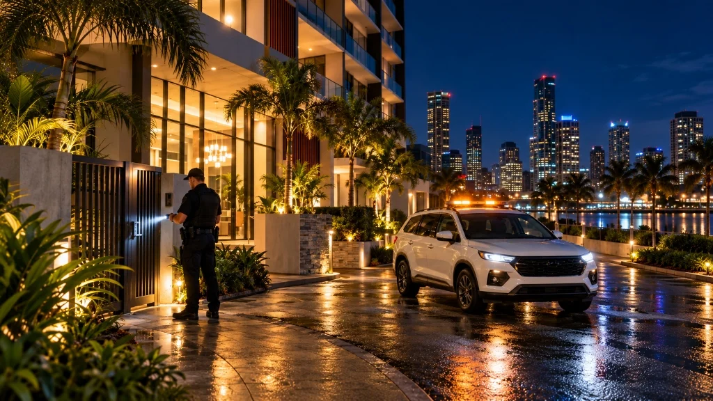 Security patrol officer checking the entry gate of a Brisbane apartment complex at night