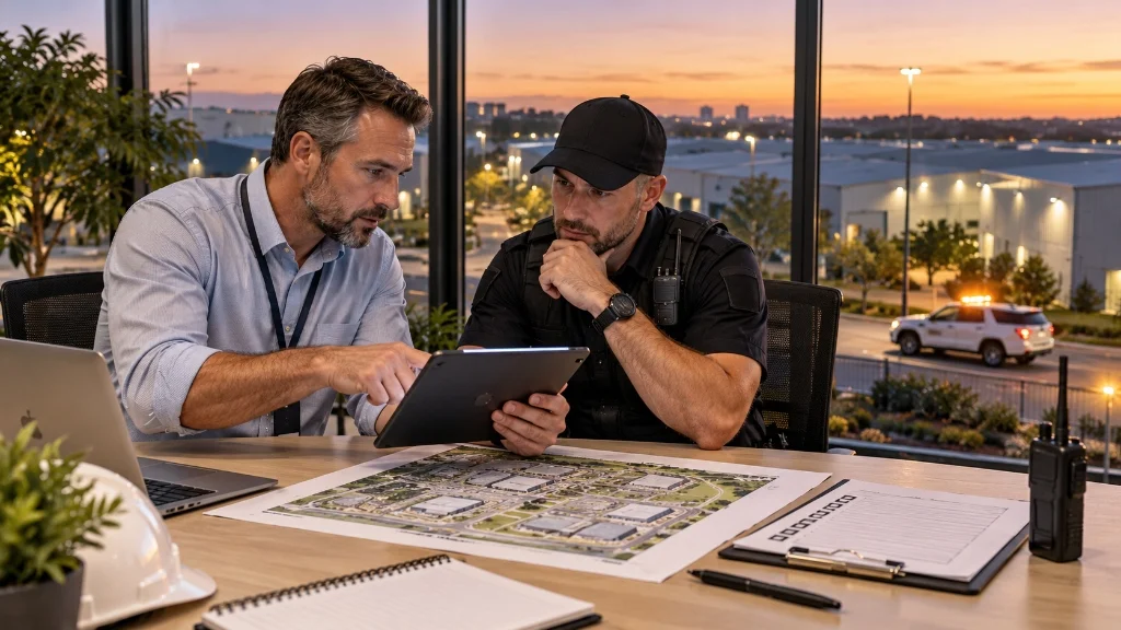 Facility manager reviewing a security patrol plan and pricing with a consultant